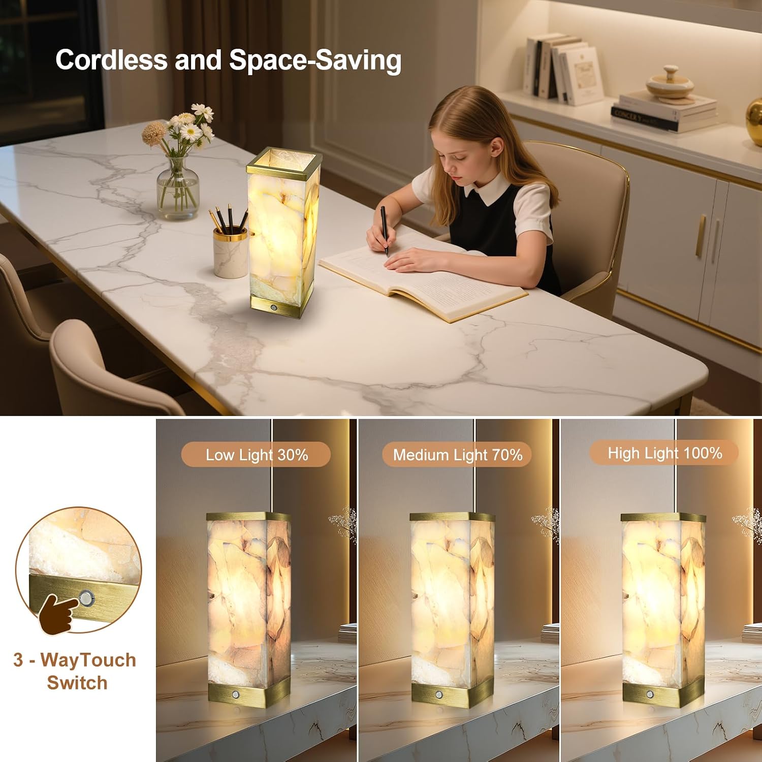 Scenekoy Alabaster Rechargeable Table Lamp for Living Room Bedroom Nightstand, Portable Battery Operated LED Bedside Lamp, Cordless Night…