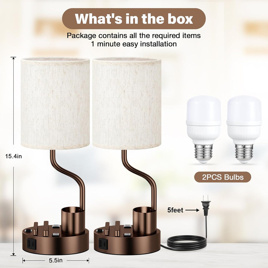 Bedside Table Lamps for Bedroom Set of 2 - Nightstand Lamp with AC Outlet Charging Port and USB A C, 3 Color Temperatures, Included Phone…