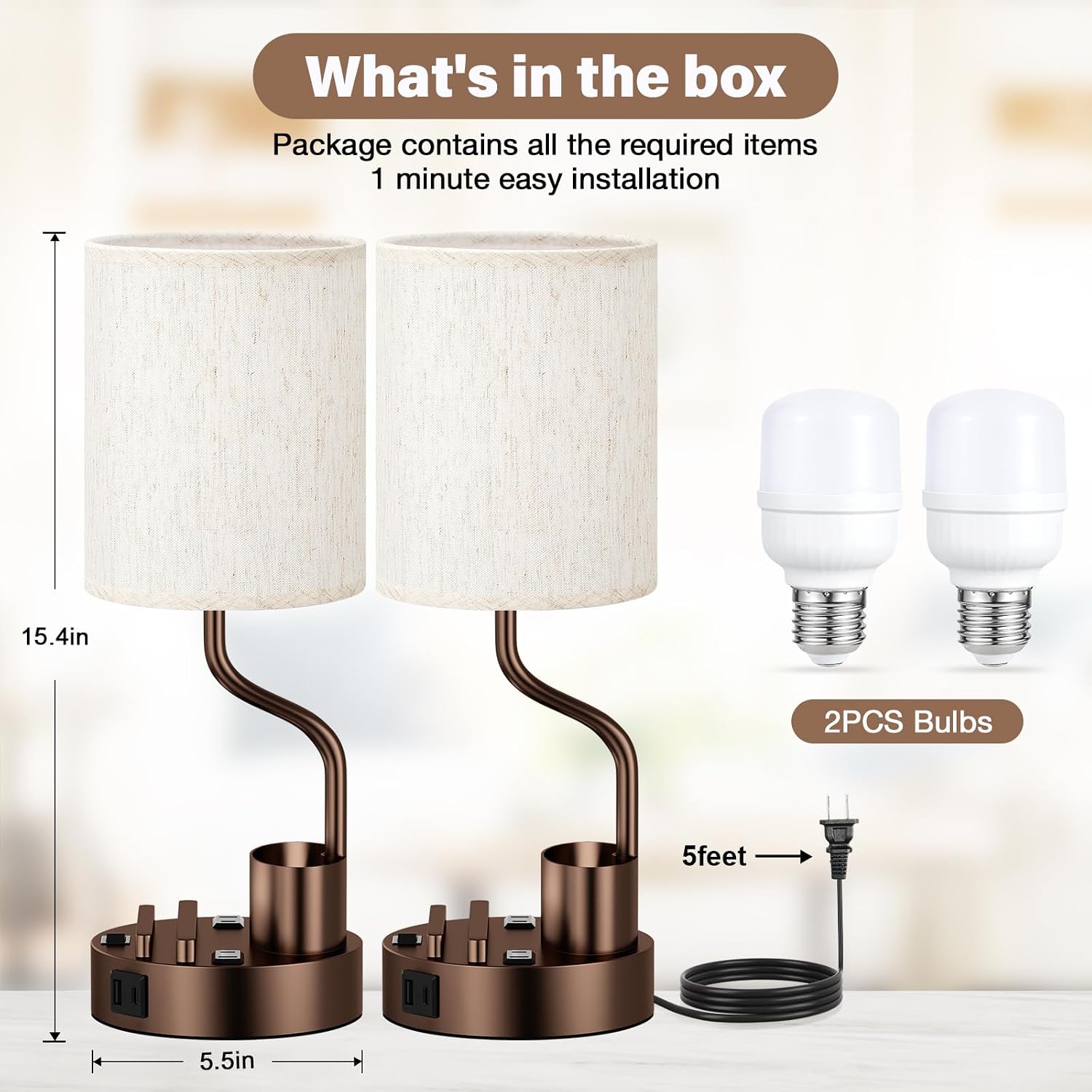 Bedside Table Lamps for Bedroom Set of 2 - Nightstand Lamp with AC Outlet Charging Port and USB A C, 3 Color Temperatures, Included Phone…