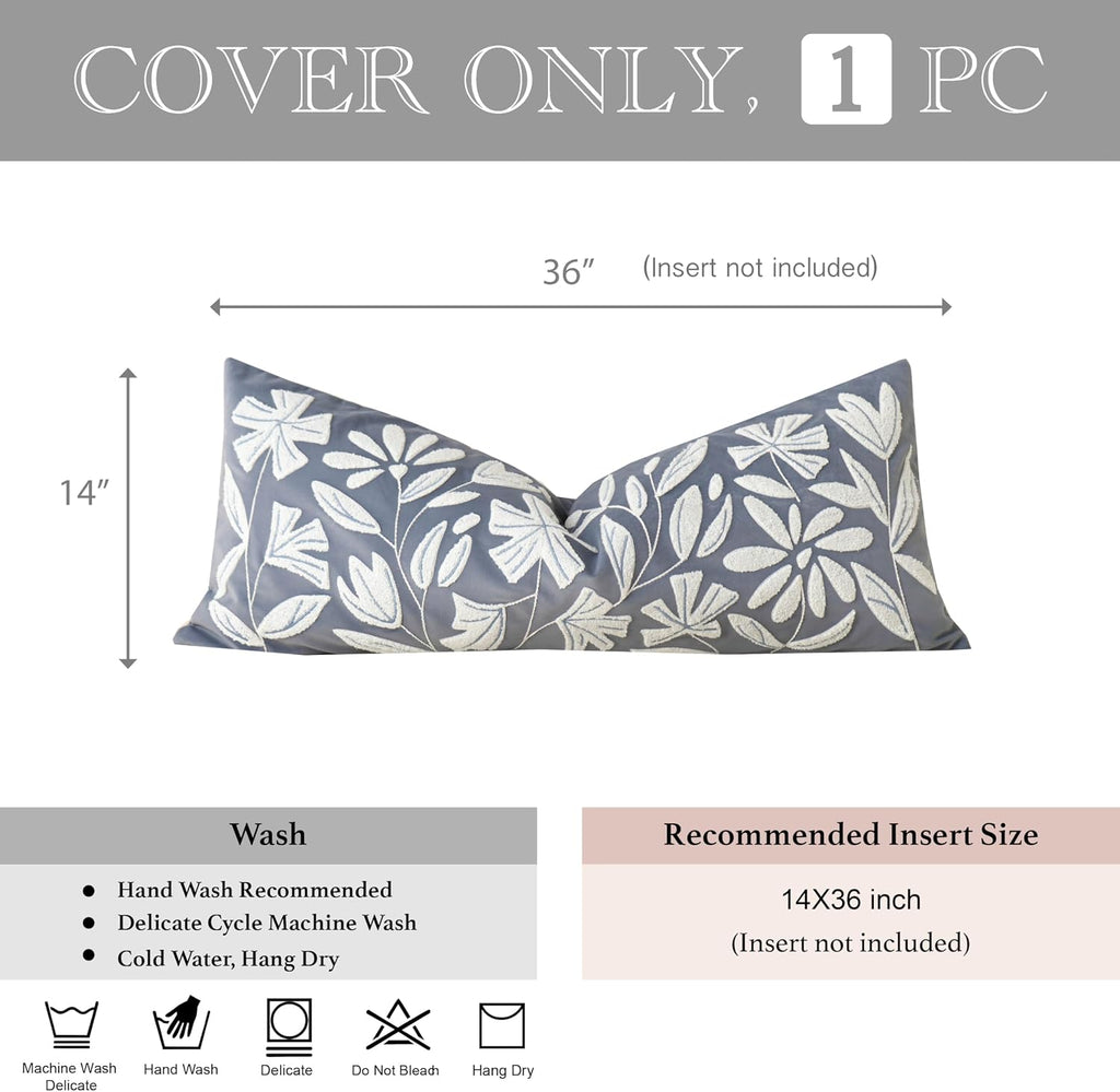 BlissBlush 14x36 Lumbar Pillow Cover for Bed, Grayish Blue Rectangular Long Throw Pillowcase, Embroidered Velvet Floral Tufted Farmhouse…