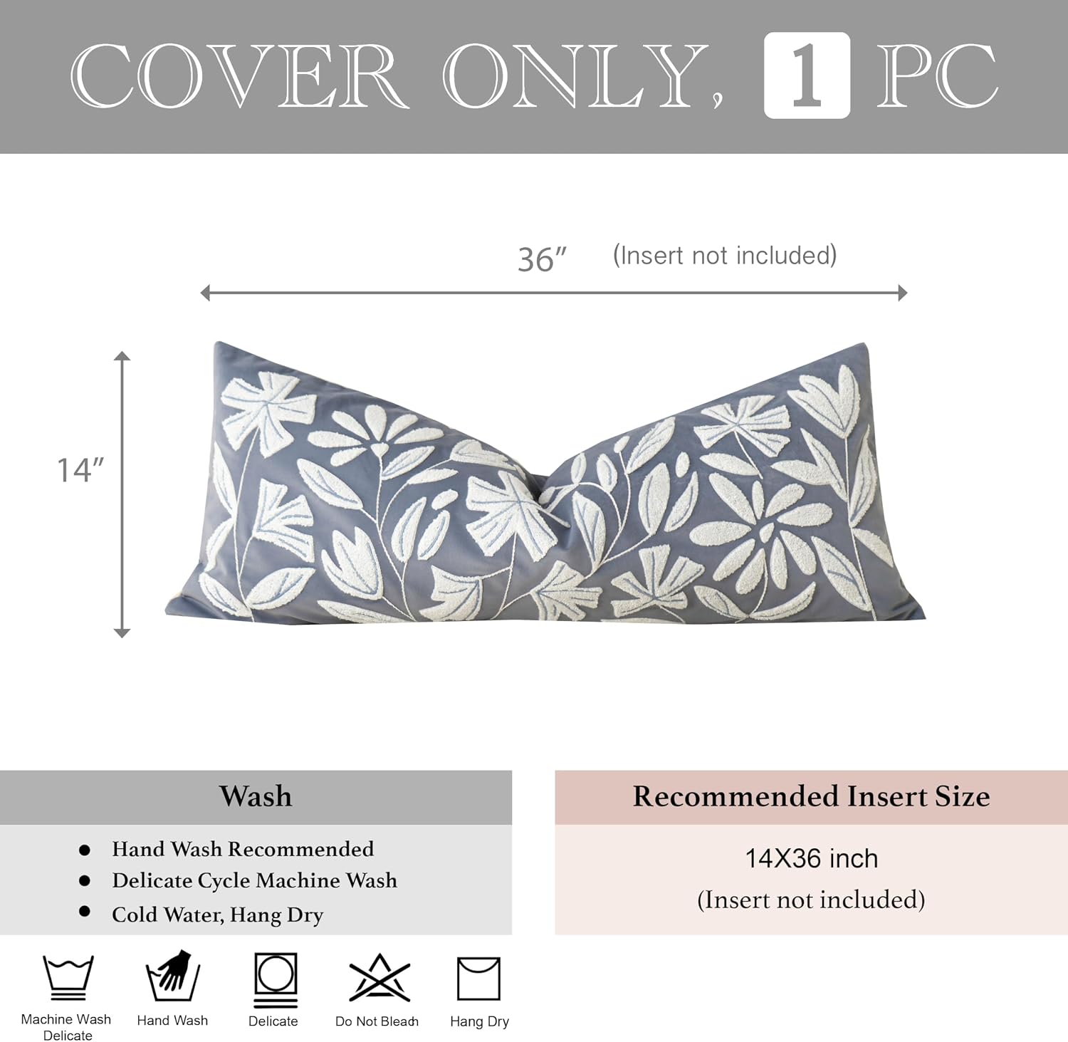 BlissBlush 14x36 Lumbar Pillow Cover for Bed, Grayish Blue Rectangular Long Throw Pillowcase, Embroidered Velvet Floral Tufted Farmhouse…