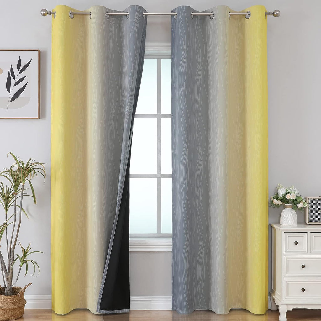 Estelartextiler Grey and Yellow Blackout Curtains 84 Inch Length 2 Panels Set, 100% Blackout Curtains for Living Room, Thermal Insulated Gr…
