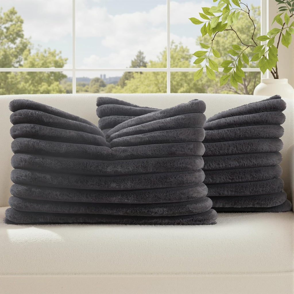 decorUhome Cozy Faux Fur Throw Pillow Covers 12x20 Set of 2 Decorative Soft Plush Striped Lumbar Modern Farmhouse Boho Couch Pillow Cases w…