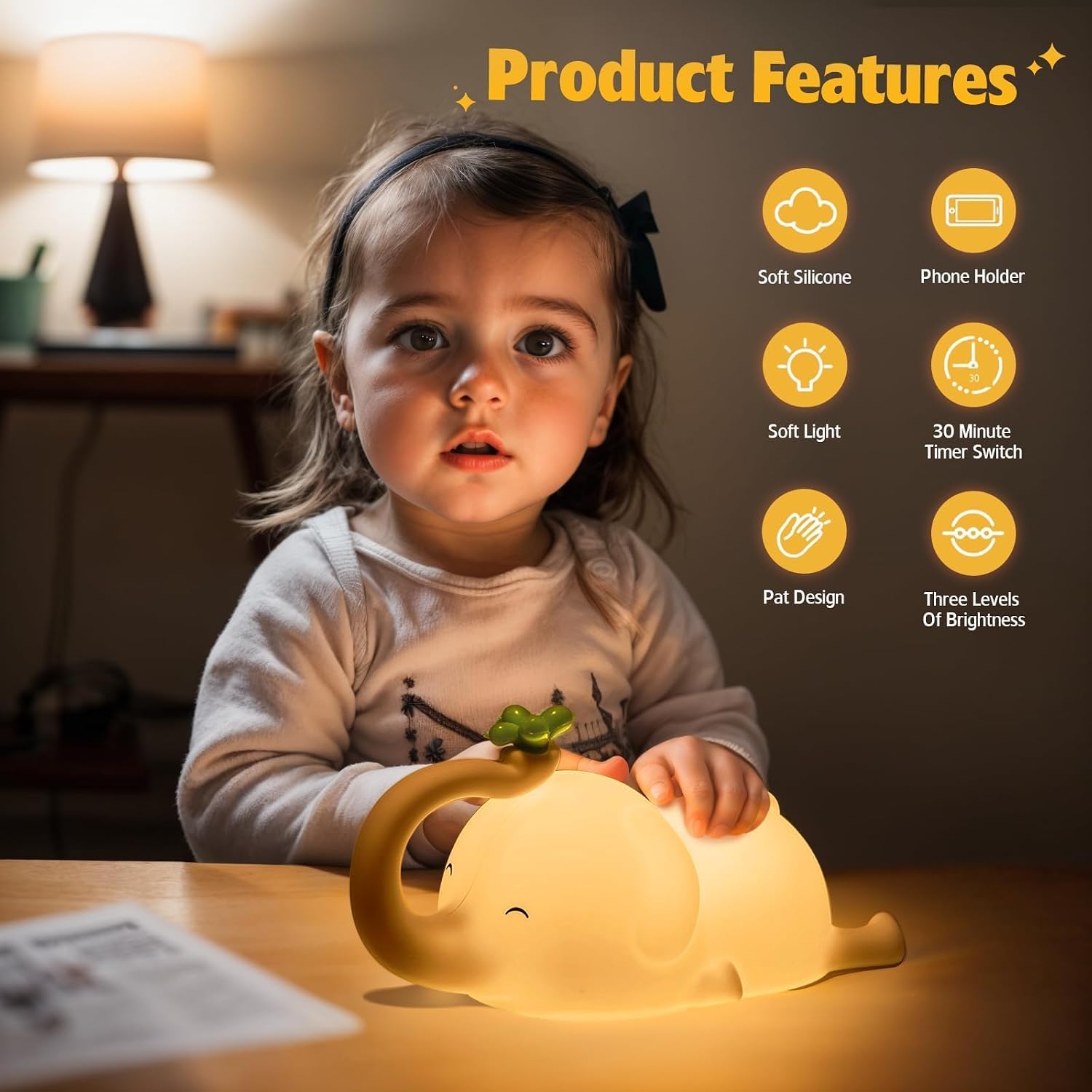 Silicone Elephant Night Light for Kids - 3-Level Dimmable & Rechargeable LED Lamp, Touch Control Soft Animal Light for Nursery, Baby Room…