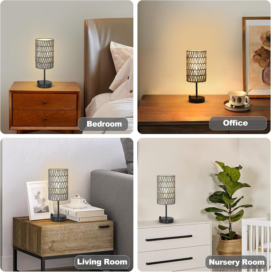 Touch Bedside Lamp For Bedroom with Bulb, Gray Boho Small Table Lamp For Living Room With Rattan & Linen Shade, 3 Way Dimmable Table Lamp…