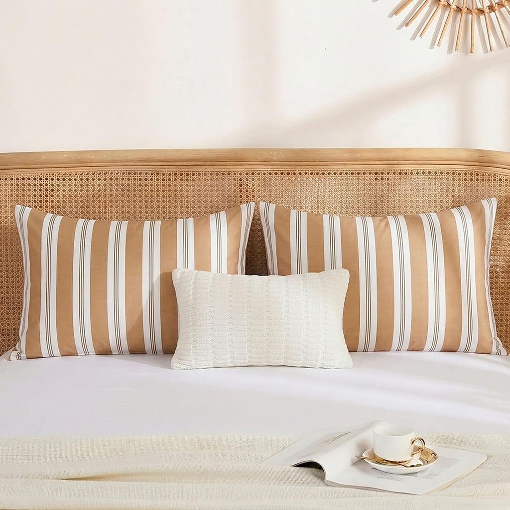 Merryword Khaki Striped Pillowcases, 100% Cotton Pillow Cases, Queen Size Pillowcases, Luxury Linen Like Pillowcase, Soft Breathable Stripe…