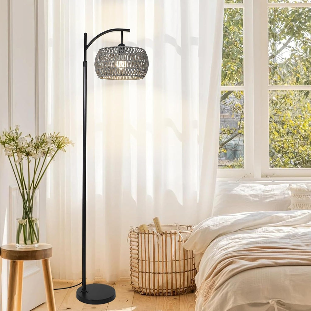 Arc Floor Lamp for Bedroom, Boho Standing Lamp with Remote & LED Smart Bulb, Rattan Floor Lamps for Living Room with 3 Color…