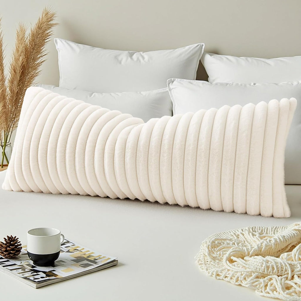 decorUhome Summer Cozy Faux Fur Throw Pillow Covers 14x36 Set of 1 Decorative Soft Plush Striped Lumbar Modern Farmhouse Boho Couch Pillow…