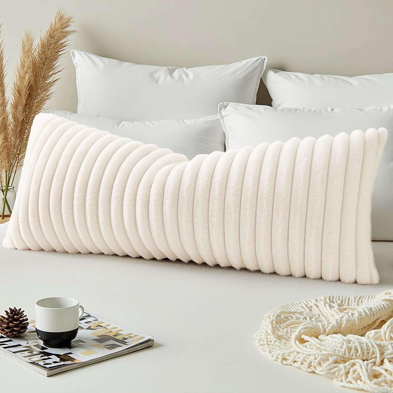 decorUhome Summer Cozy Faux Fur Throw Pillow Covers 14x36 Set of 1 Decorative Soft Plush Striped Lumbar Modern Farmhouse Boho Couch Pillow…