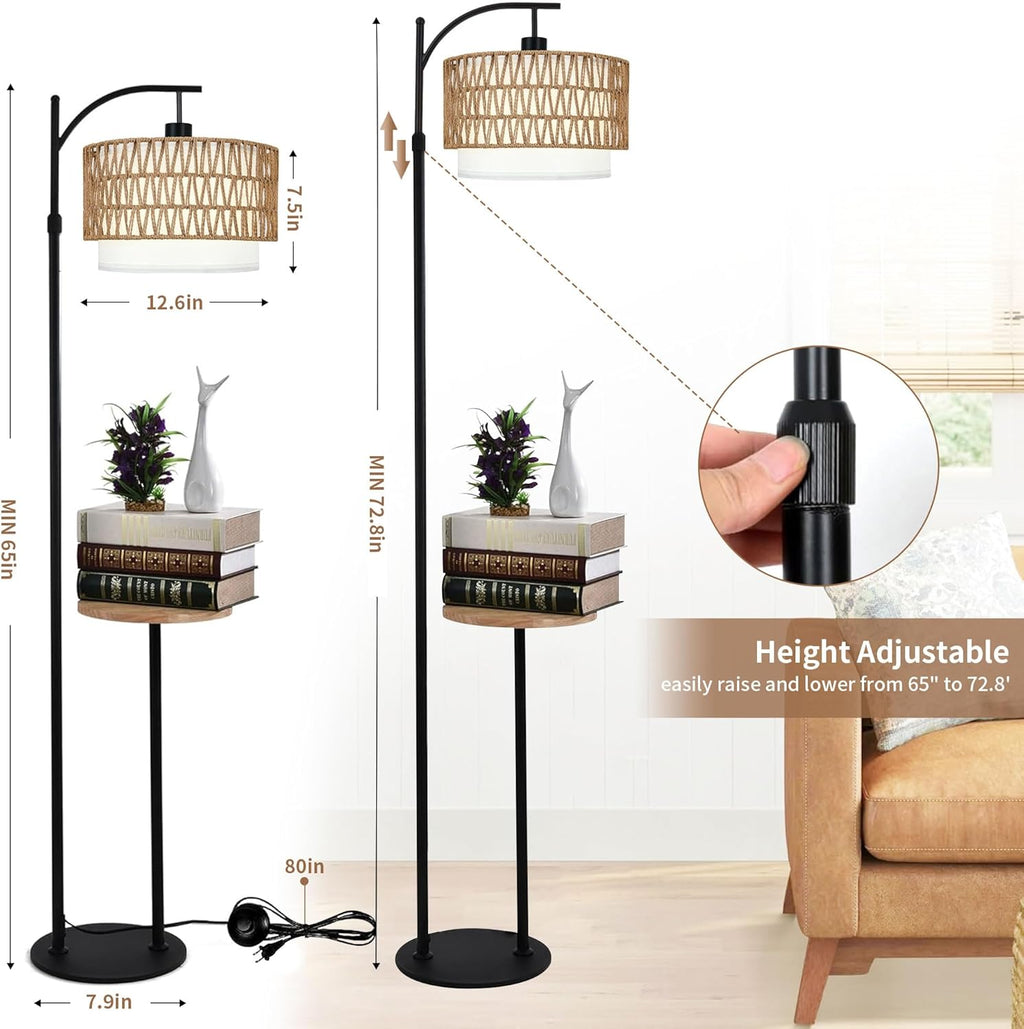 ZECOXOL Arc Floor Lamp with Table and Shelves, Rattan Boho Floor Lamp with Remote Control, Rustic Floor Lamps for Bedroom Wicker Standing…