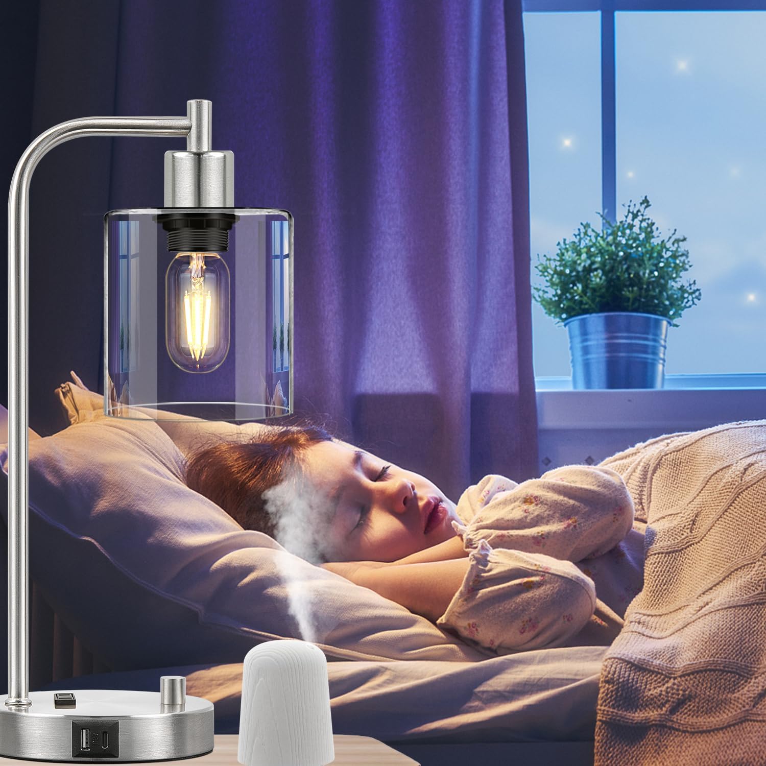 Set of 2 Industrial Table Lamps with USB C+A Ports and Outlet, Brushed Nickle Fully Stepless Dimmable Bedside Lamps, Nightstand Lamp with…
