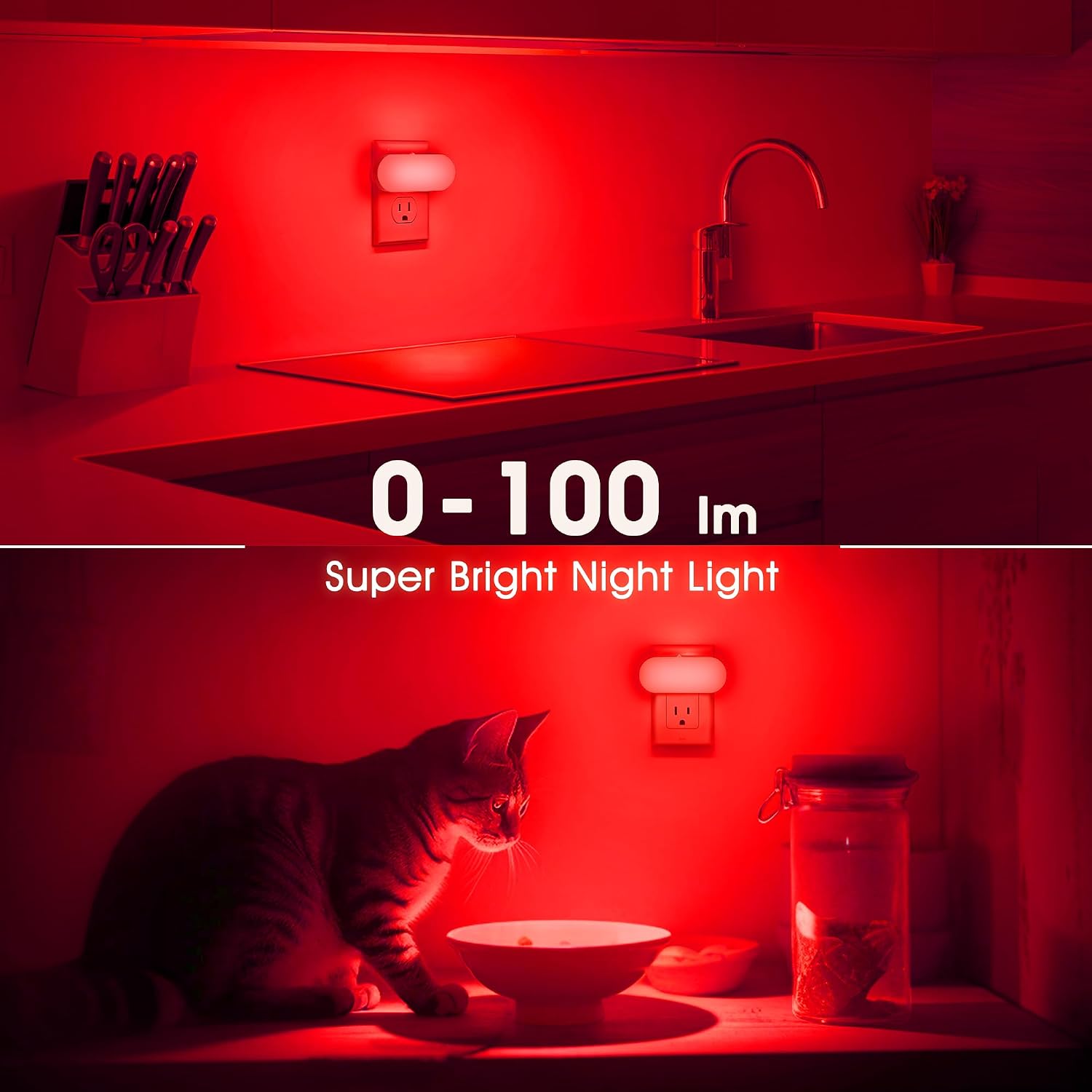 DORESshop Red Night Light, Auto On/Off, 0-100 LM Adjustable Brightness, Dimmable Plug Into Wall Light Sensor Night Light for Kids Room…