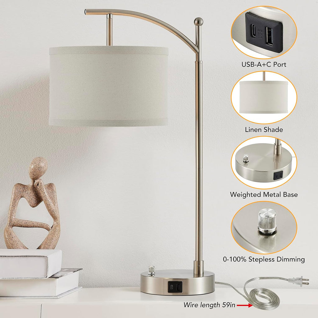 Table Lamp for Living Room Bedroom, 23.5" Table Lamps Set of 2 with USB C+A Ports, Bedside Lamps for Nightstand with Linen Lamp Shades, 2…