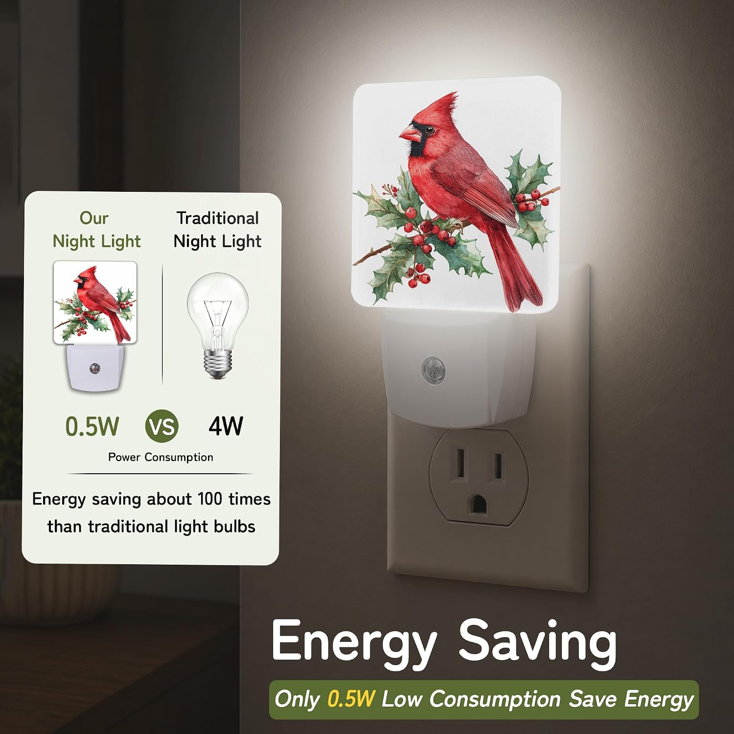 Red Cardinal Night Light, Night Lights Plug into Wall with Dusk to Dawn Sensor for Bedroom Bathroom Hallway Kitchen, Decorative Gift for…