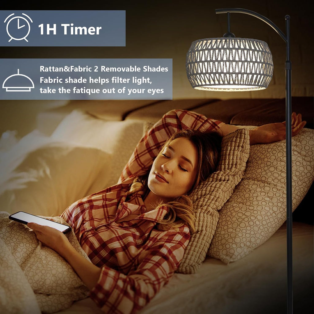 Arc Floor Lamp for Bedroom, Boho Standing Lamp with Remote & LED Smart Bulb, Rattan Floor Lamps for Living Room with 3 Color…