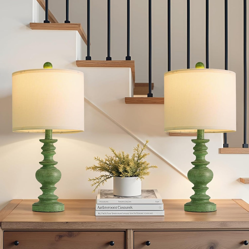 BOBOMOMO 20" Sage Green Table Lamps Set of 2 – Farmhouse Resin Bedside Lamps with Linen Shades, Handcrafted Traditional Rustic Lamp for…