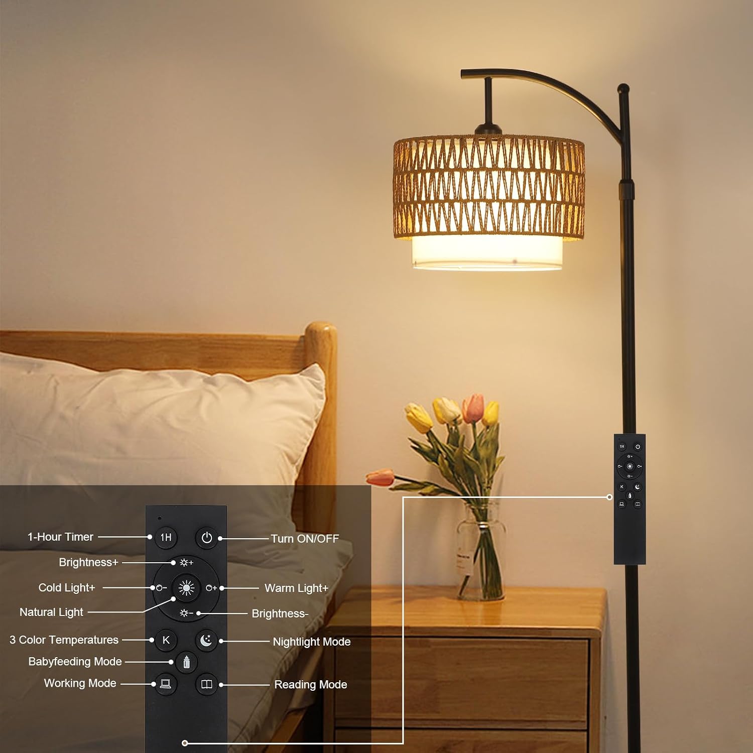Arc Floor Lamp for Living Room with 3 Color Temperatures, Farmhouse Floor Lamps with Remote & Dimmable Bulb, Boho Standing Lamp with…
