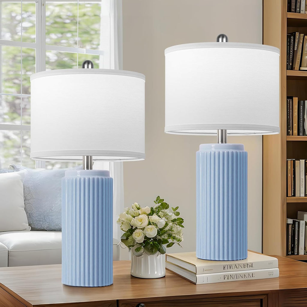 Tobusa 23.5’’ Sky Blue Farmhouse Table Lamps for Living Room Set of 2, Modern Elegant Ceramic Bedside Nightstand Lamps with White Linen Sha…
