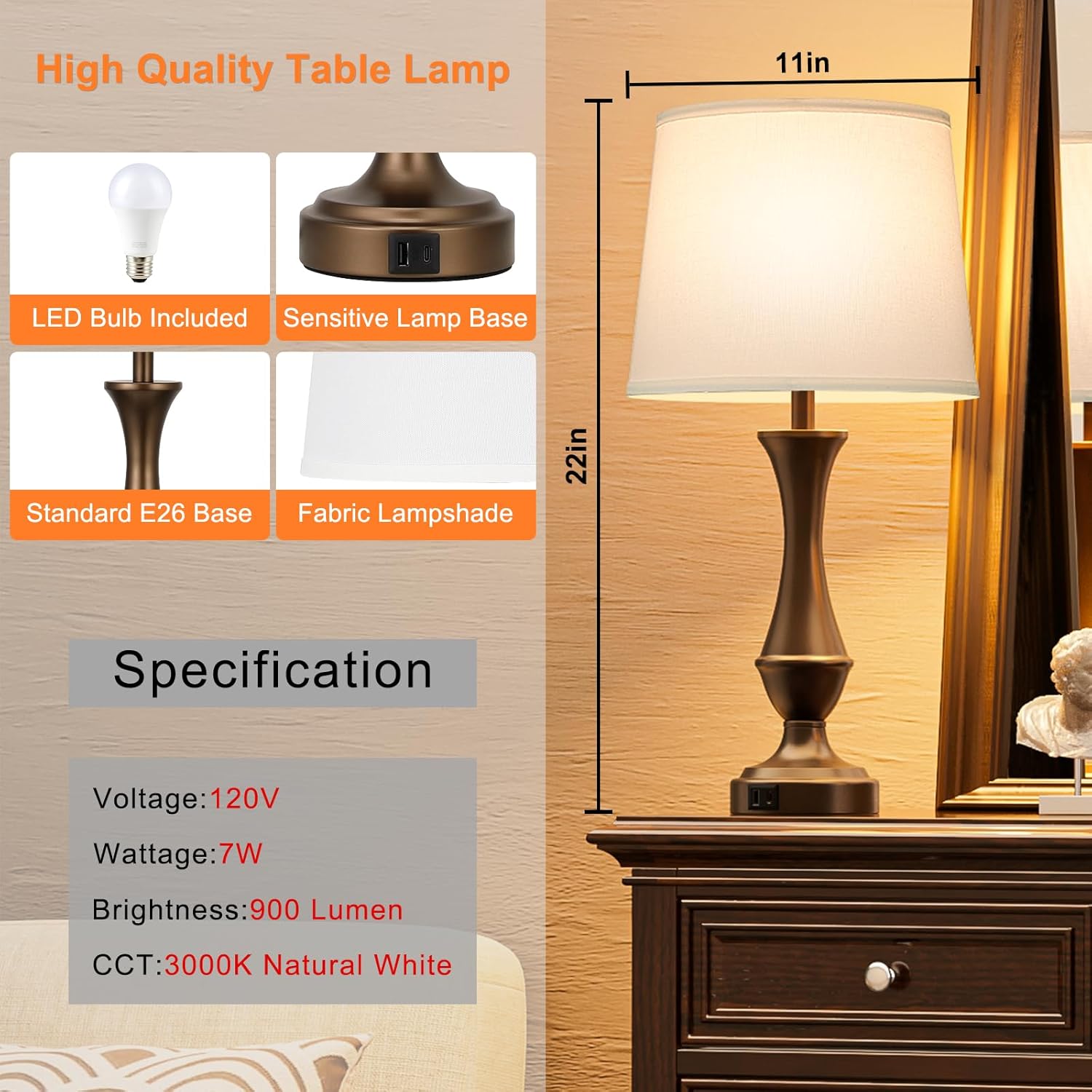 Seealle Upgraded Touch Lamps for Night Stands Set of 2 - Bedside Lamps with USB C+A, 3 Way Dimmable for Bedroom Living Room End Tables…