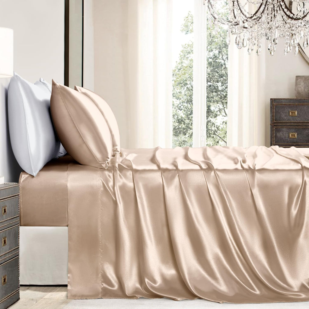 Golal Satin Sheets Queen Size - 4 Pieces Luxury Silky Soft Bed Sheets, Wrinkle-Free Champagne Satin Silk Sheet Set with 1 Deep Pocket Fitte…