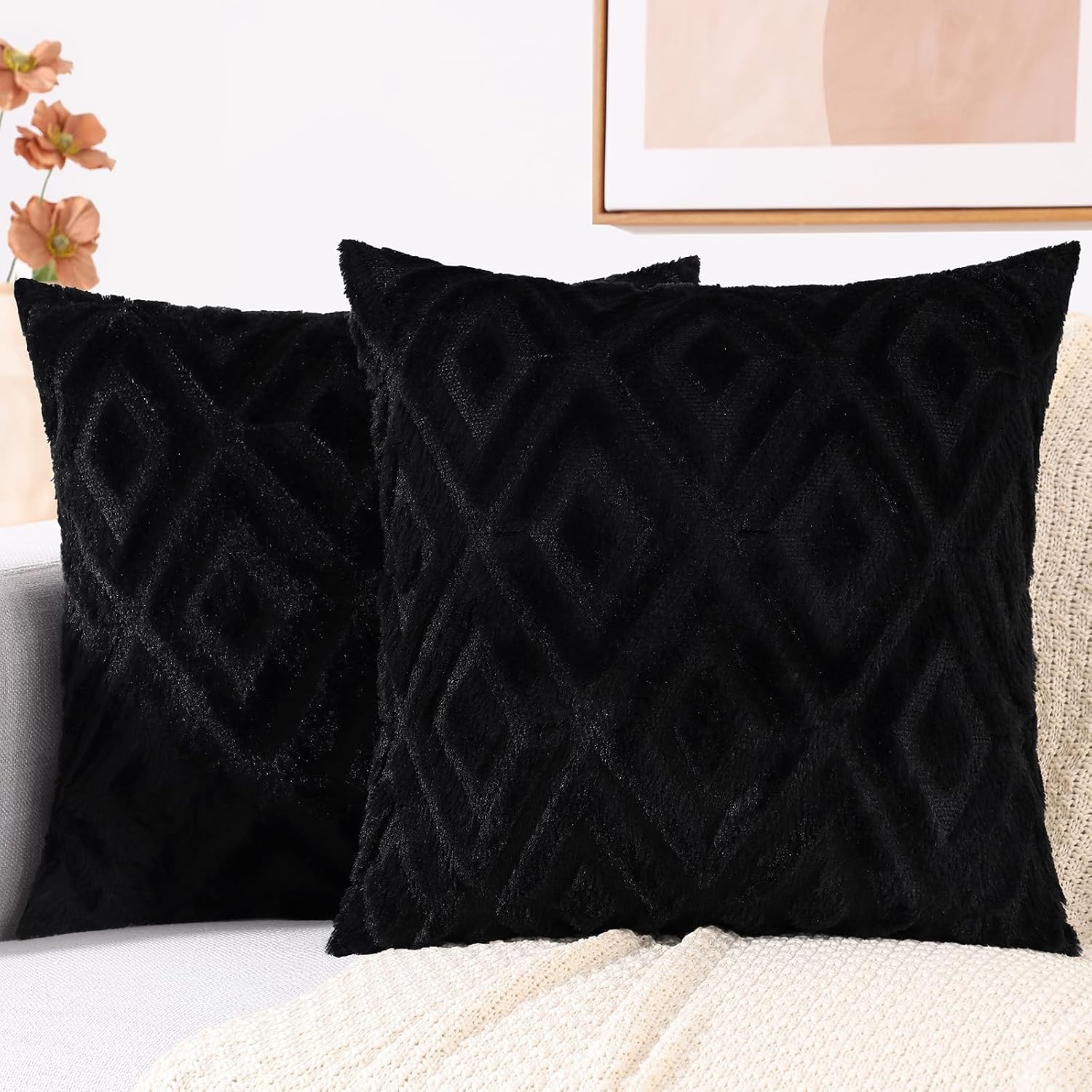 decorUhome Summer Couch Throw Pillow Covers 20x20 Set of 2, Decorative Soft Plush Faux Fur Wool Accent Pillow Covers for Modern Farmhouse B…