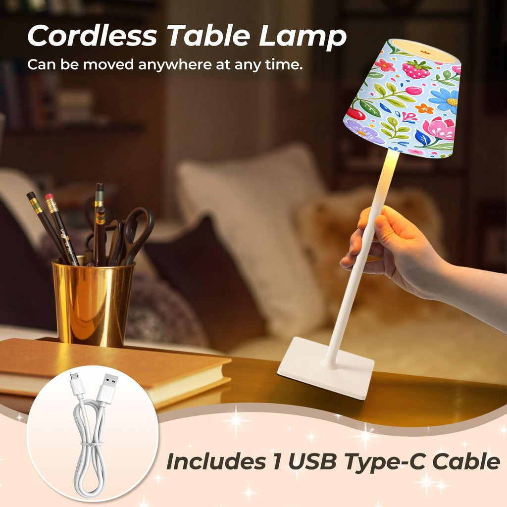 Cordless Mahjong Lamp Floral Fruit Pink Flowers Cherries Strawberries Blueberries Small LED Lamp 3 Color Dimmable Rechargeable Lamps for…