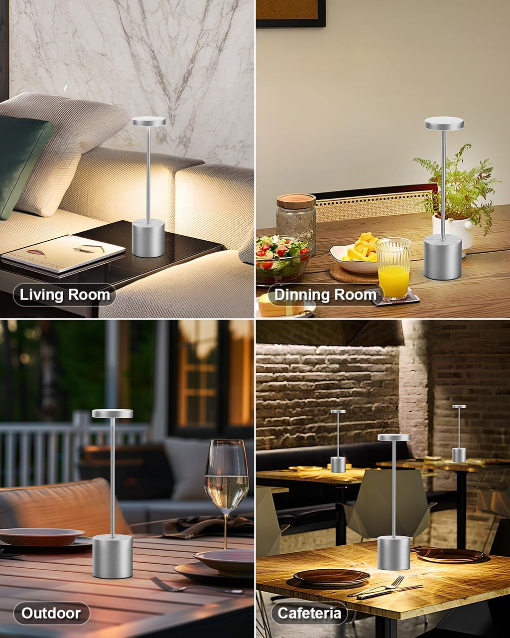 Silver Cordless Table Lamp Rechargeable - 2 Pack 5000mAH Battery Operated Lamp for Counter, 3 Color Stepless Dimming Waterproof LED…