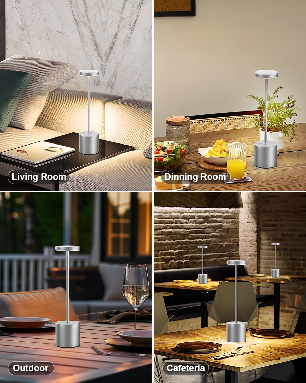 Silver Cordless Table Lamp Rechargeable - 2 Pack 5000mAH Battery Operated Lamp for Counter, 3 Color Stepless Dimming Waterproof LED…