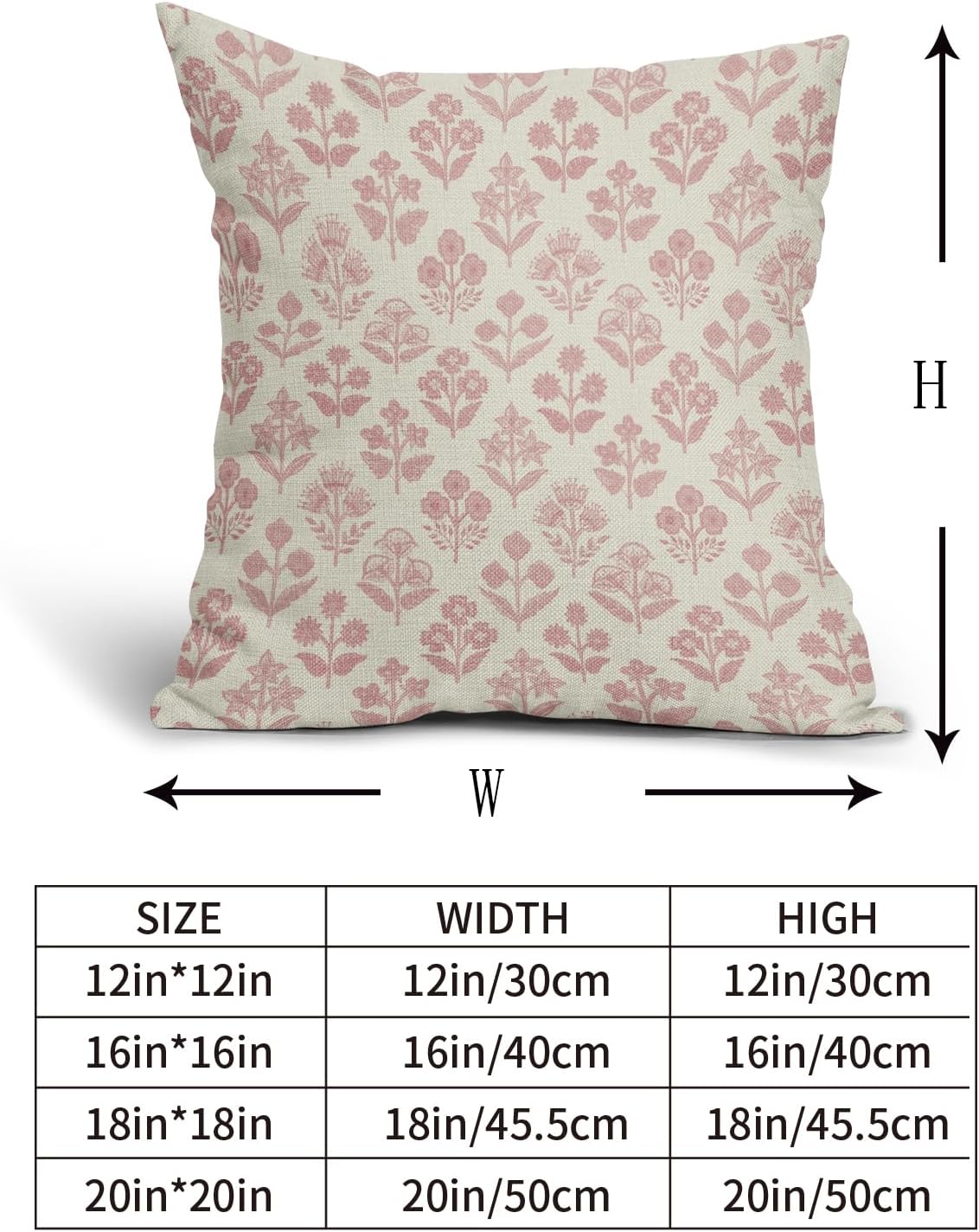 Pink Floral Block Print Pillow Covers 20x20 Inch Set of 2, Vintage Flower Decorative Throw Pillowcases for Home, Bedroom, Living Room…