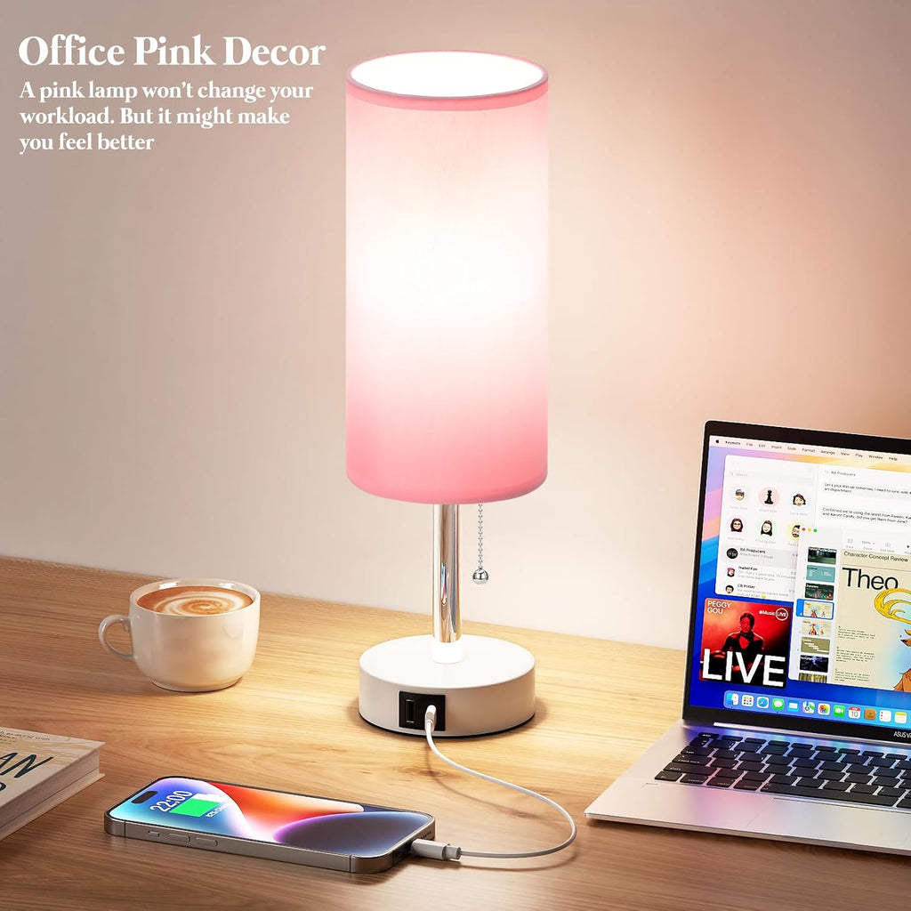 Dicoool Pink Bedside Table Lamp for Bedroom, Small Nightstand Lamp for Girls Kids, 3 Color Temperatures & USB Charging Port, Cute Desk…