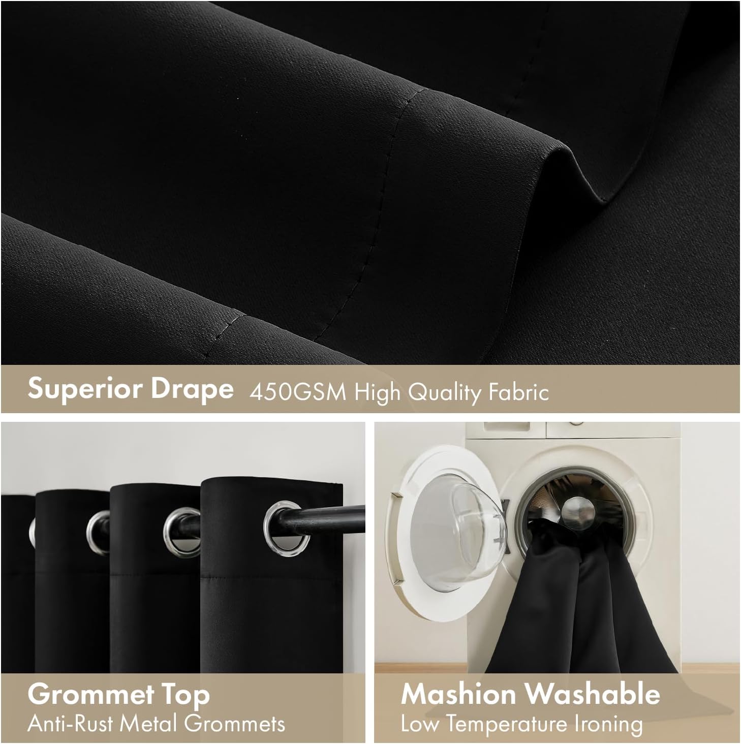 Miulee Black 100% Blackout Curtains for Bedroom 90 Inch Long, 2 Thick Layers Thermal Insulated Full Blackout Window Curtains with Black Lin…