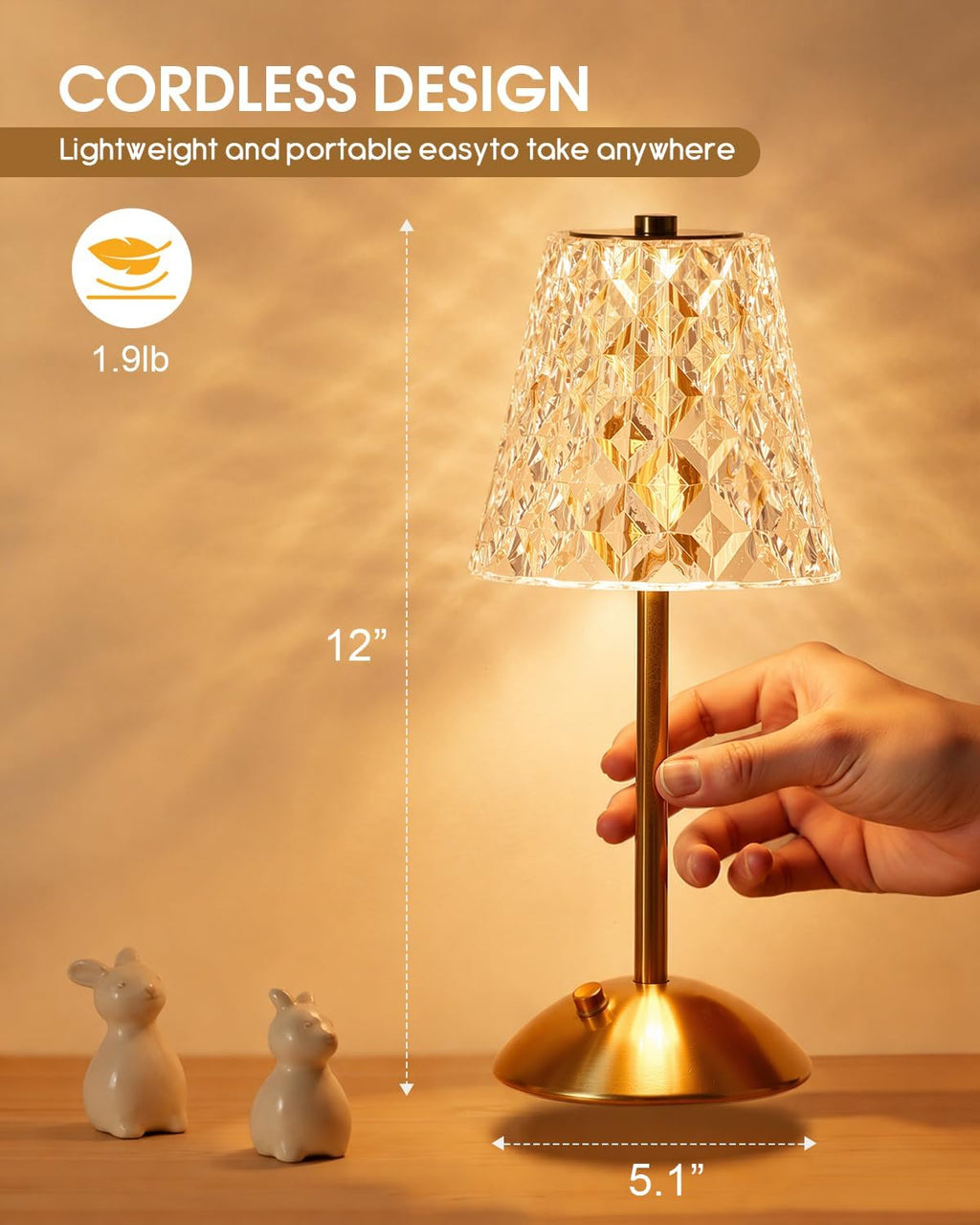 Nusogon Rechargeable Cordless Table Lamp, Touch Control Crystal Desk Lamp with 3500mAh Battery, 3 Color Dimmable LED Small Lamp for…