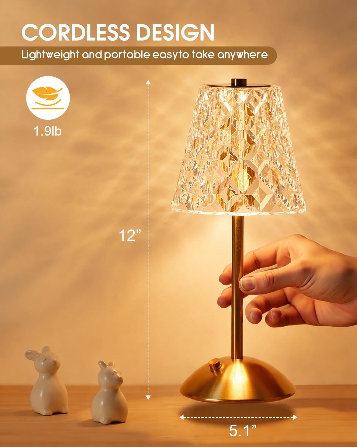 Nusogon Rechargeable Cordless Table Lamp, Touch Control Crystal Desk Lamp with 3500mAh Battery, 3 Color Dimmable LED Small Lamp for…