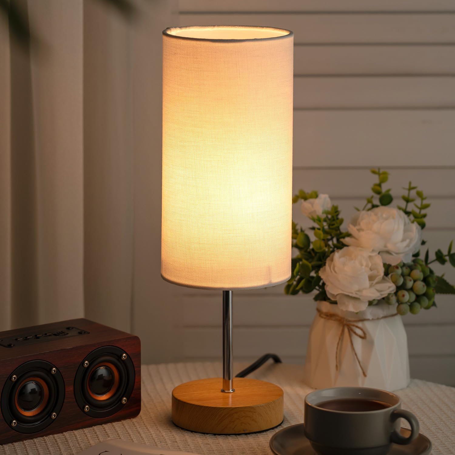 Small Table Lamp for Night Stands, Round White Fabric Shade and Wood Base, Modern Minimalist Bedside Lamps for Bedroom Dresser, Living…
