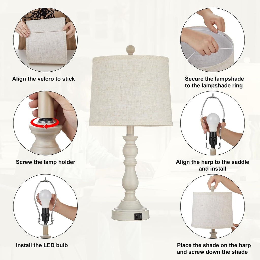 Farmhouse Side Table Lamps for Living Room Set of 2 with USB C+A Ports, Bedside Lamp for Bedroom, Dining Room Decor, Office, End Table…