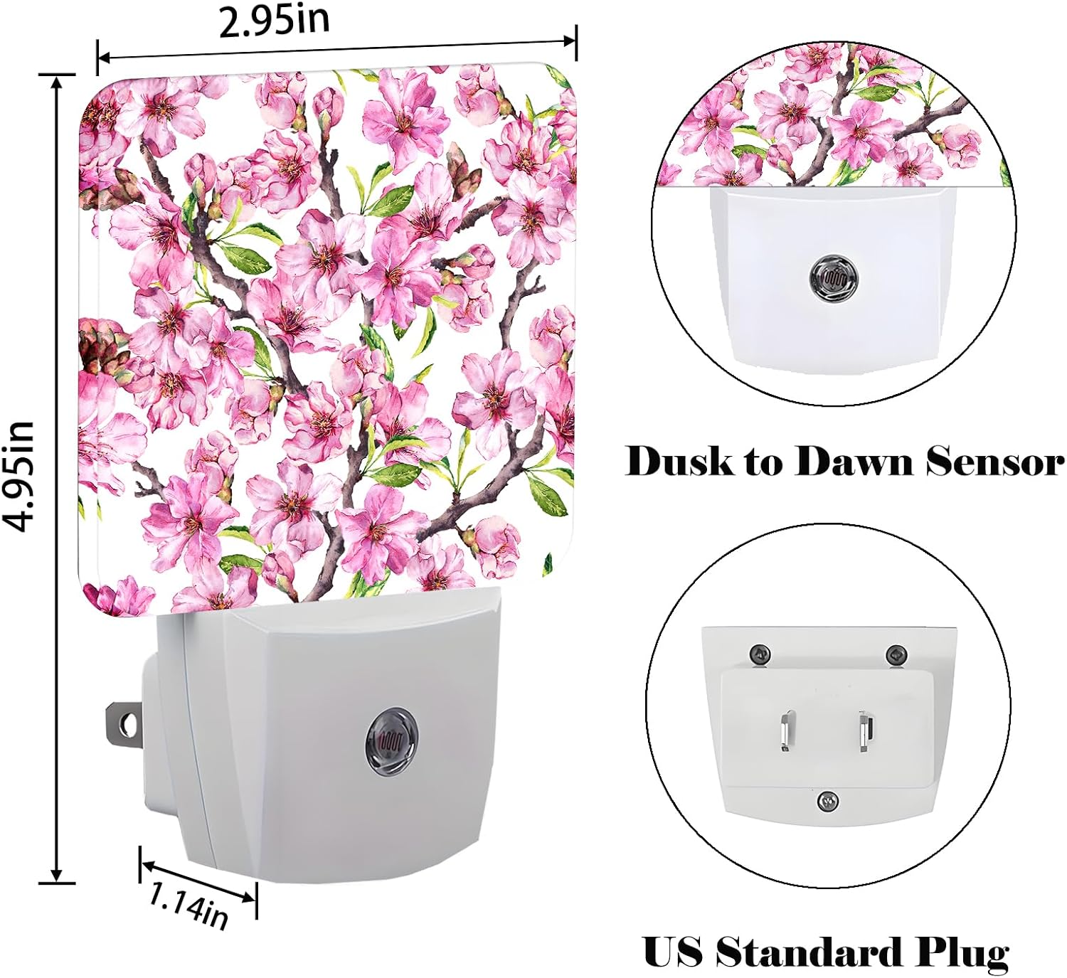 Spring Flowers Blossom Night Light, Plug Into Wall for Boys Girls Bedroom Decorative Square Night Light Lamp 0.5w Sleep Friendly