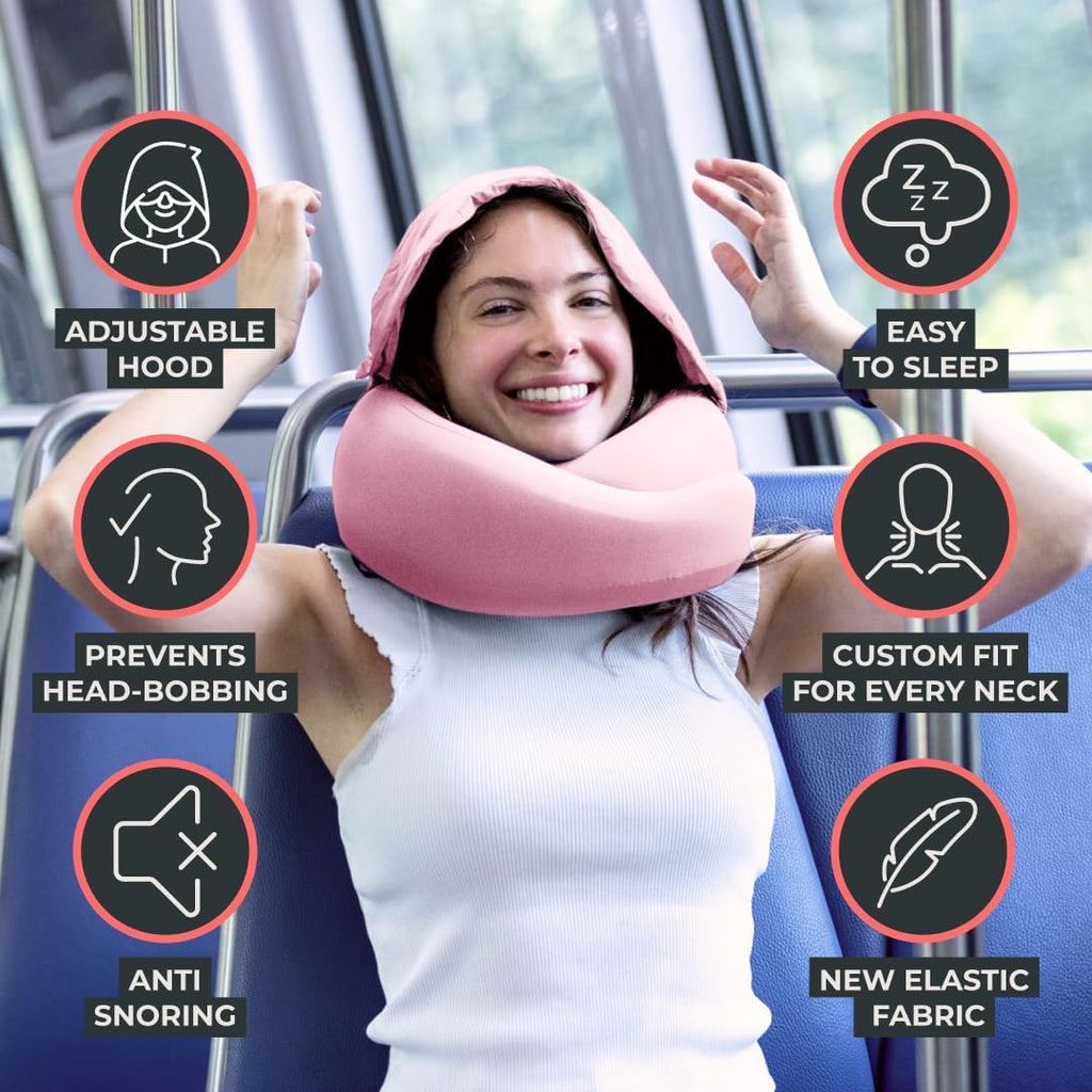FlyHugz® 2.0 Hooded Travel Pillow – 2026 Original Release – Memory Foam Neck Pillow with Adjustable Hood & Premium Elastic Washable Cover…