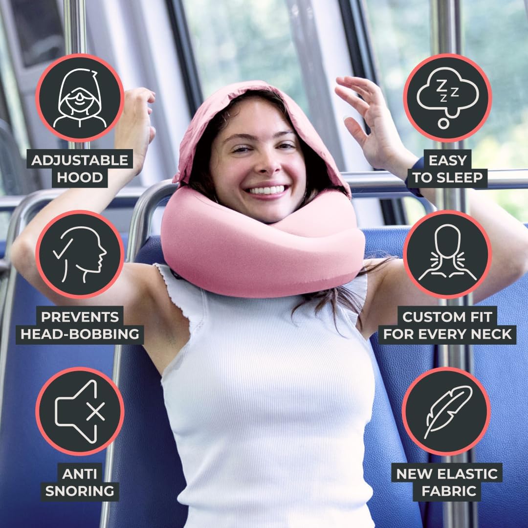 FlyHugz® 2.0 Hooded Travel Pillow – 2026 Original Release – Memory Foam Neck Pillow with Adjustable Hood & Premium Elastic Washable Cover…