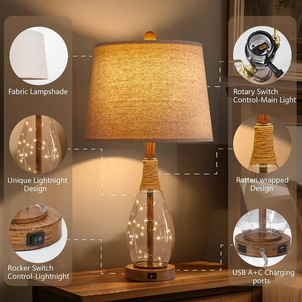 OYEARS Bedside Table Lamps Set of 2 with USB, Modern Bedside Lamps Retro Farmhouse Rattan Glass Nightstand Nightlight Lamps for Bedroom…