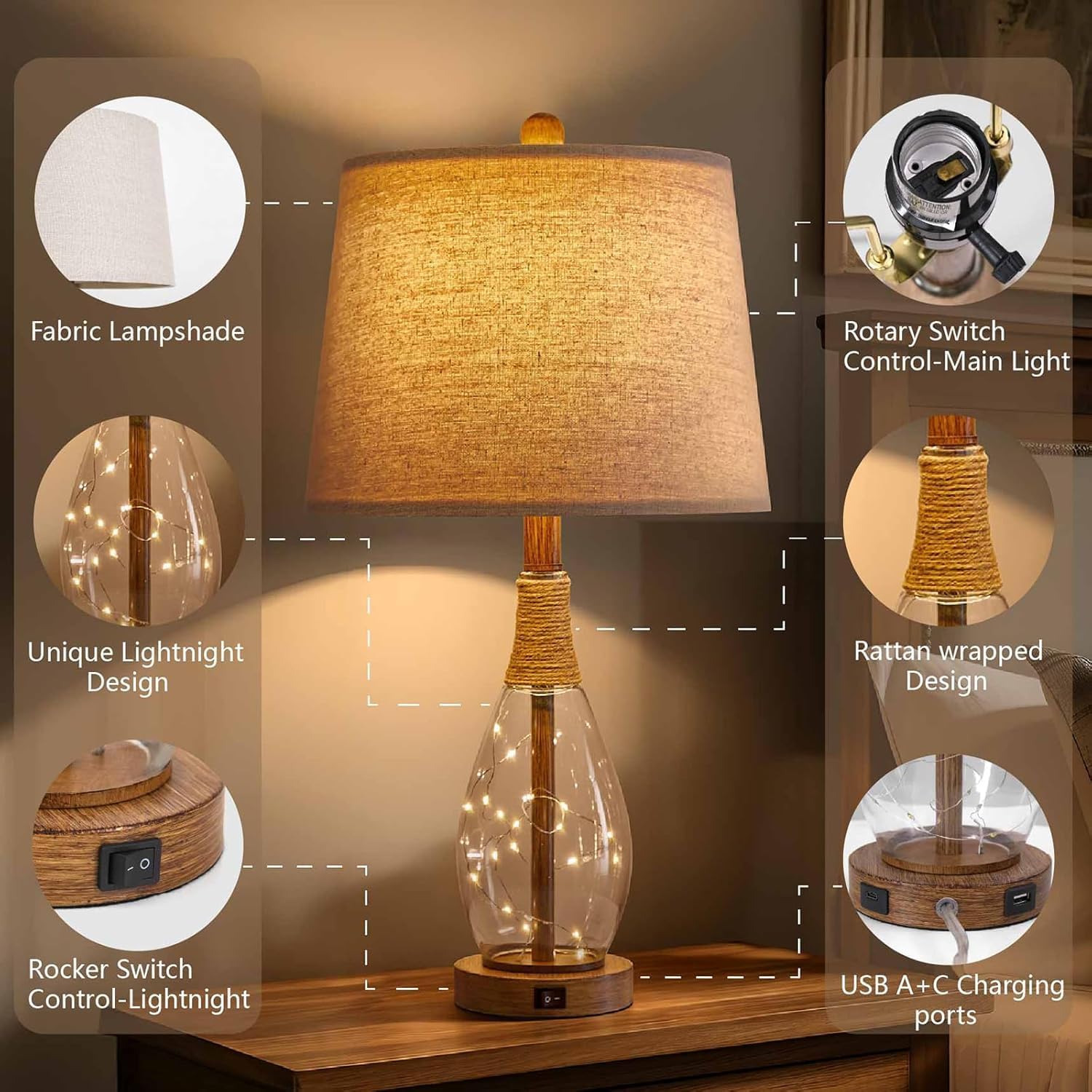 OYEARS Bedside Table Lamps Set of 2 with USB, Modern Bedside Lamps Retro Farmhouse Rattan Glass Nightstand Nightlight Lamps for Bedroom…