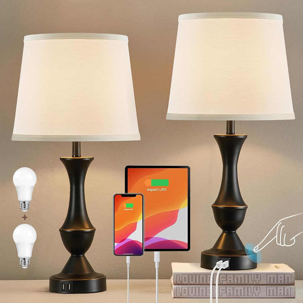 Luvkczc Touch Table Lamps Set of 2, 22" Tall Bedside Lamps with USB C+A Ports, Dimmable Nightstand Lamps, Table lamp for Bedrooms, Living…