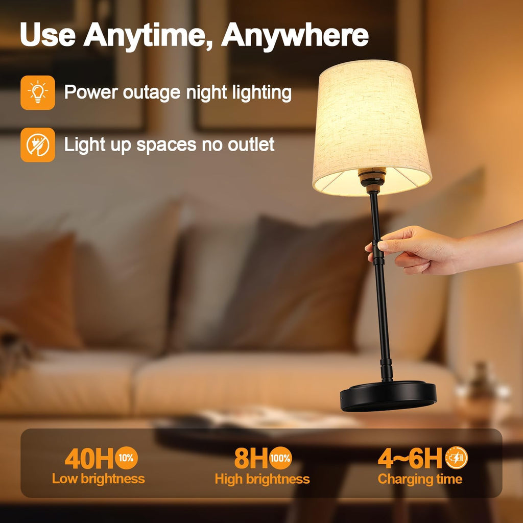 Cordless Table Lamps Set of 2 – Battery Operated Lamp with 7500mAh Rechargeable Battery, Stepless Dimmable Black Lamps with Beige Shade…