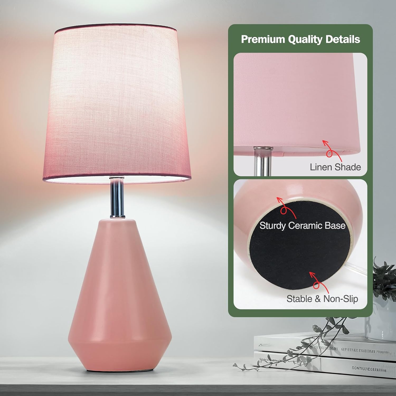 Small Bedside Table Lamp for Bedroom - Reading Desk Lamp with 3 Color Temperatures,15.5" Nightstand Ceramic Lamp with Fabric Shade for…