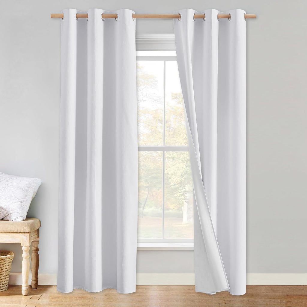 NICETOWN 100% Absolutely Blackout Linen Curtains with Thermal Insulated White Liner, White, 42 inches Wide, 90 inches Length Energy…