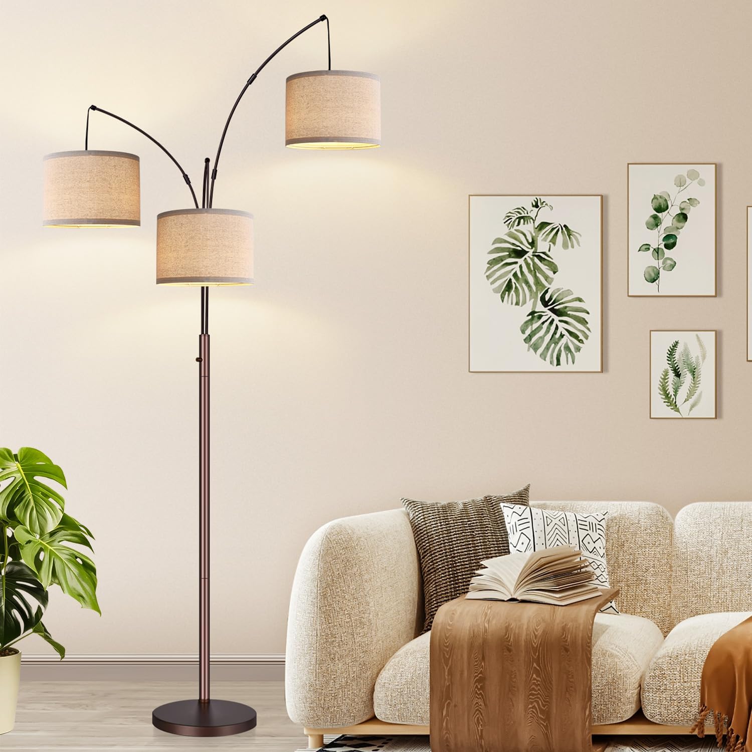 Dimmable Floor Lamp, 3 Lights Brown Arc Floor Lamp, Modern Tall Standing Tree Lamp with Beige Linen Shades & Heavy Base, 3000LM LED…
