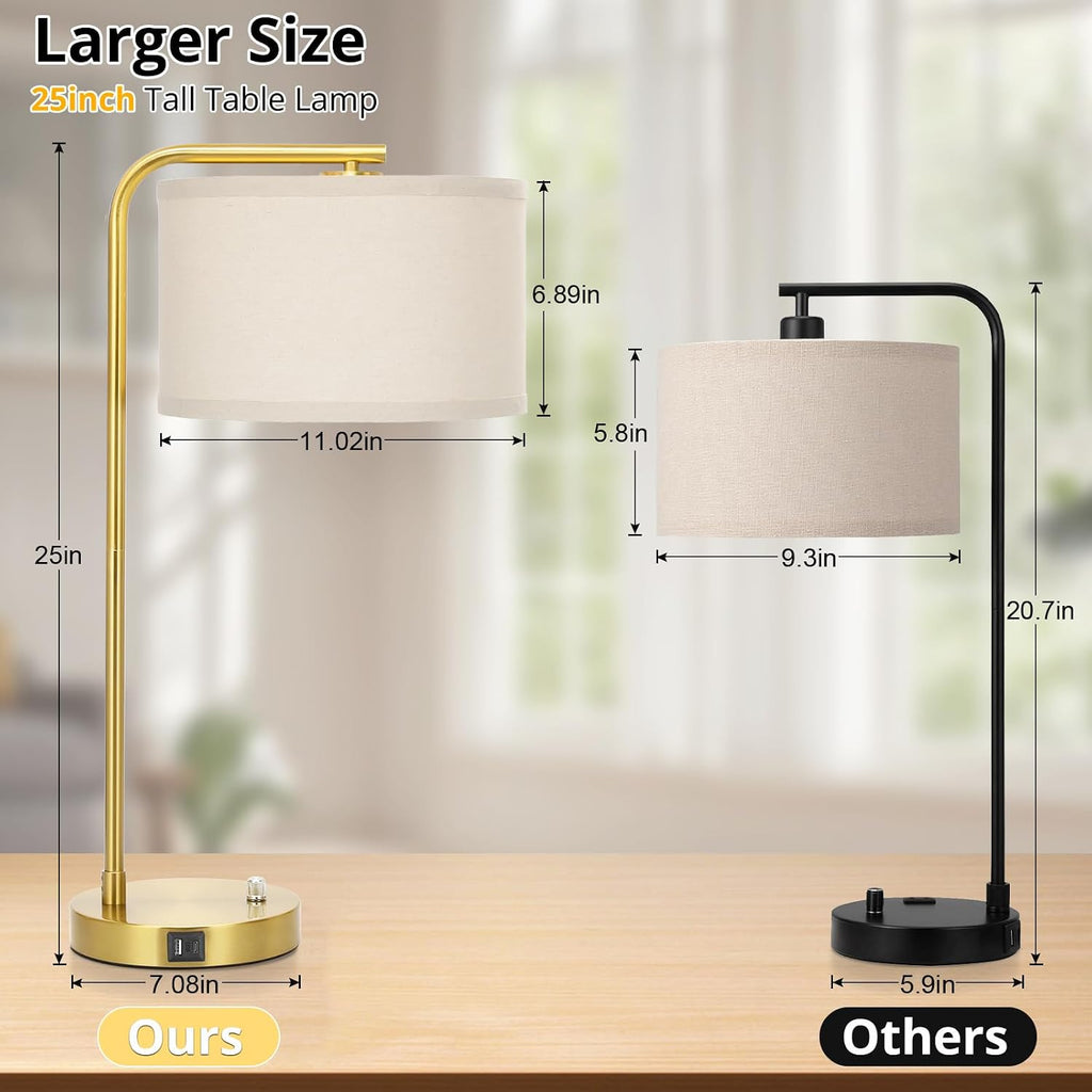 Fully Dimmable Bedside Lamp with C+A USB Ports, Mordern Gold Nightstand Lamp Desk Reading Lamp with Beige Drum Shade, Tall Side Table…