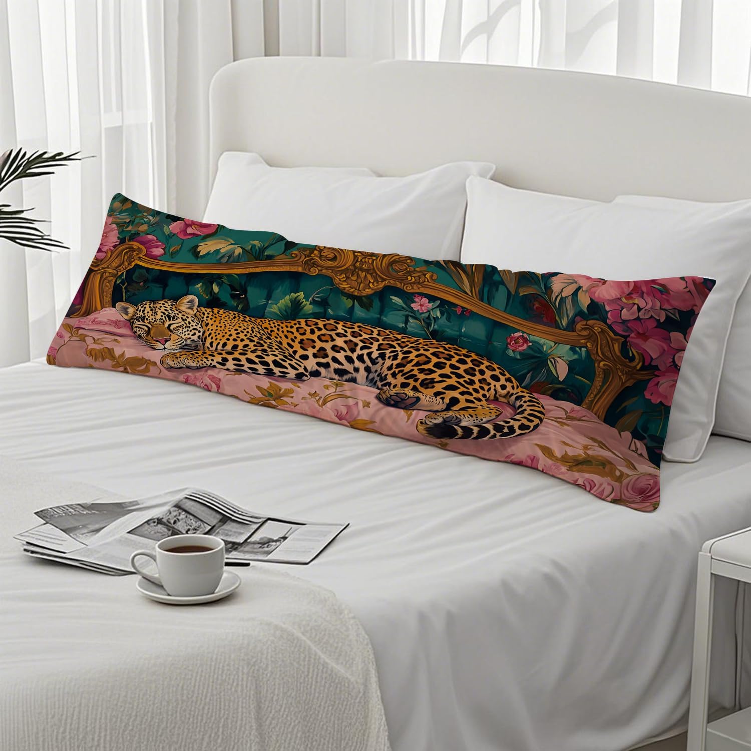 Vintage Leopard Floral 20x54 Body Pillow Cover, Cheetah Room Decor, Trendy Retro Sleepy Leopard Pink Flowers Decorative Long Body Pillow…