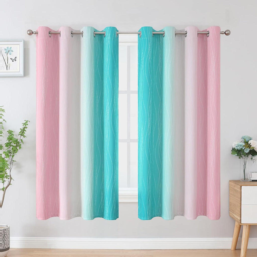 Estelartextiler Estelar Textiler Pink and Teal Blackout Curtains for Kids Room, Full Room Darkening Grommet Ombre Curtains for Bedroom, The…