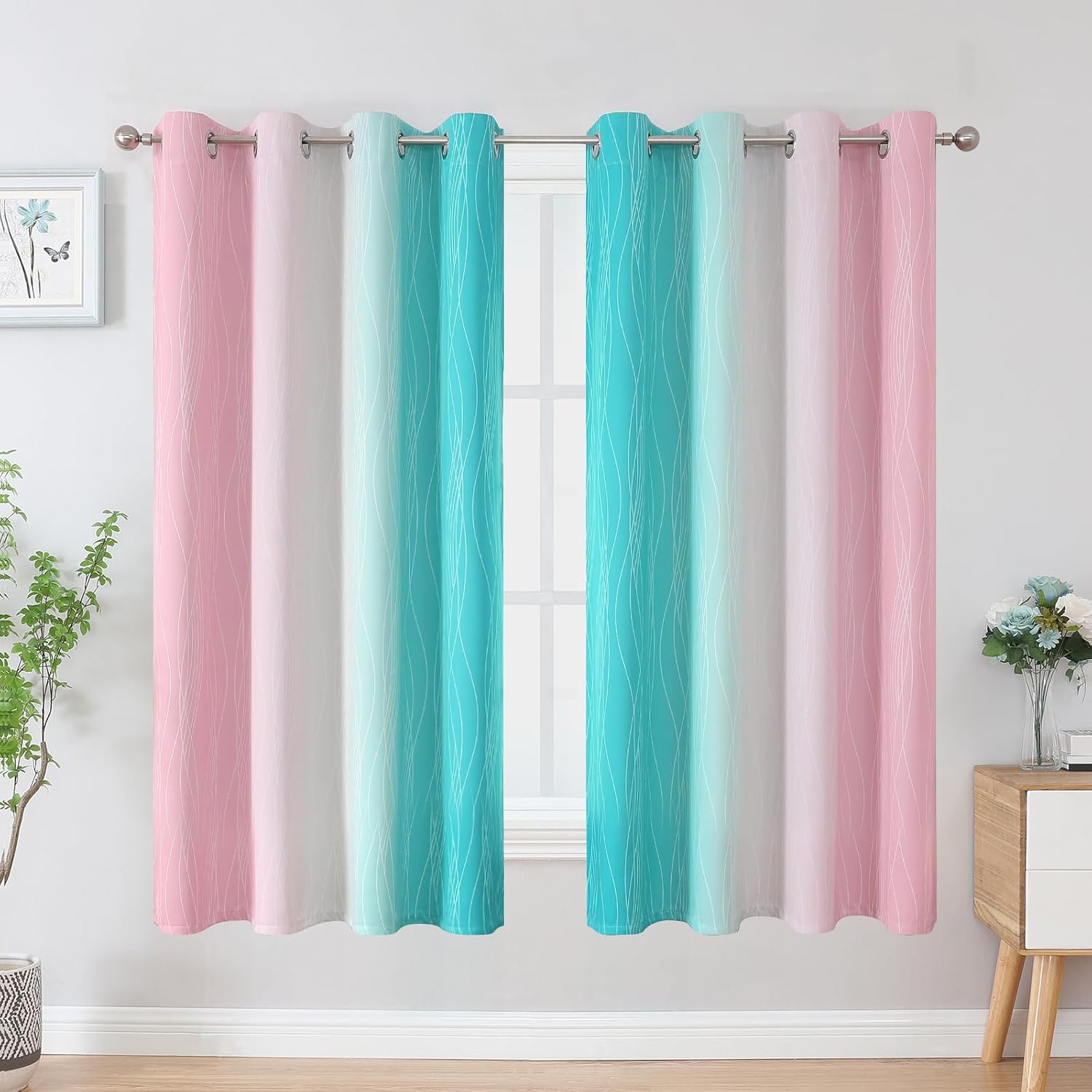 Estelartextiler Estelar Textiler Pink and Teal Blackout Curtains for Kids Room, Full Room Darkening Grommet Ombre Curtains for Bedroom, The…