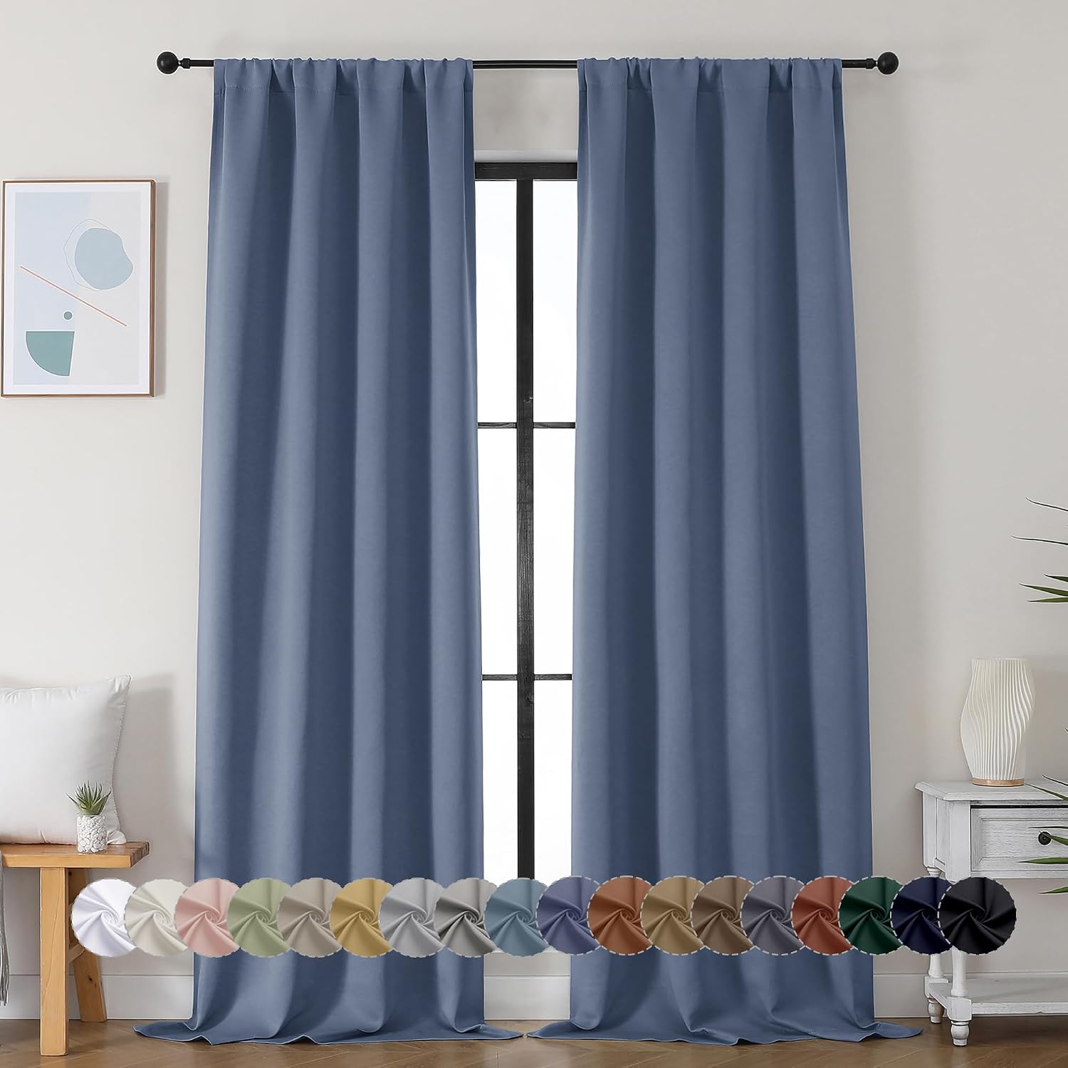 Simplebrand Ava Denim Blue Blackout Curtains for Bedroom 96 Inches Long 2 Panels, Thermal Insulated, Energy Saving Living Room Window …